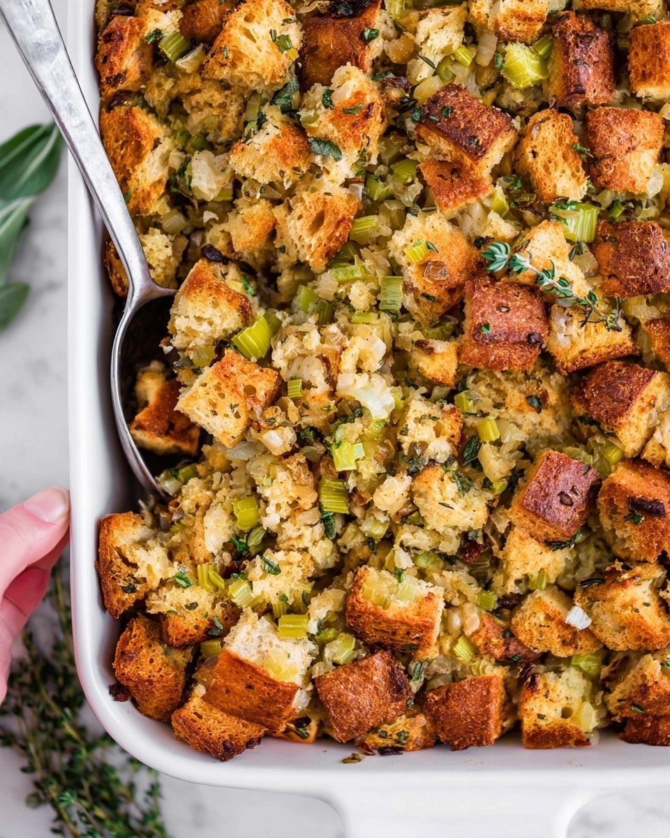 A close-up image of a white rectangular baking dish filled with golden brown stuffing made of toasted bread cubes mixed with chopped celery and green herbs, showing a slightly crispy texture on top. The bread pieces are light to dark brown, some with crunchy edges, mixed with soft, green celery bits and small, finely chopped leafy herbs. On the left side, a silver serving spoon is partially sunk into the stuffing, and a woman's hand is gently holding the spoon handle. The dish rests on a white marbled surface with some green herb leaves partially visible around it. photo taken with an iphone --ar 4:5 --v 7