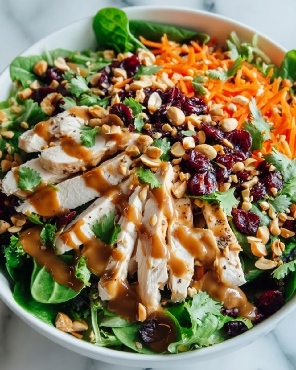 The image shows a fresh salad served in a white bowl placed on a white marbled surface. The salad has several layers starting with a base of dark green leafy spinach and mixed greens. On top, there are thin slices of white chicken breast arranged in a neat layer. Next, bright orange carrot ribbons are scattered lightly. On top of everything, there are red dried cranberries and light brown chopped peanuts sprinkled generously. Fresh green cilantro leaves add color and texture, and the whole salad is drizzled with a thick brown dressing in a zigzag pattern. Photo taken with an iphone --ar 4:5 --v 7