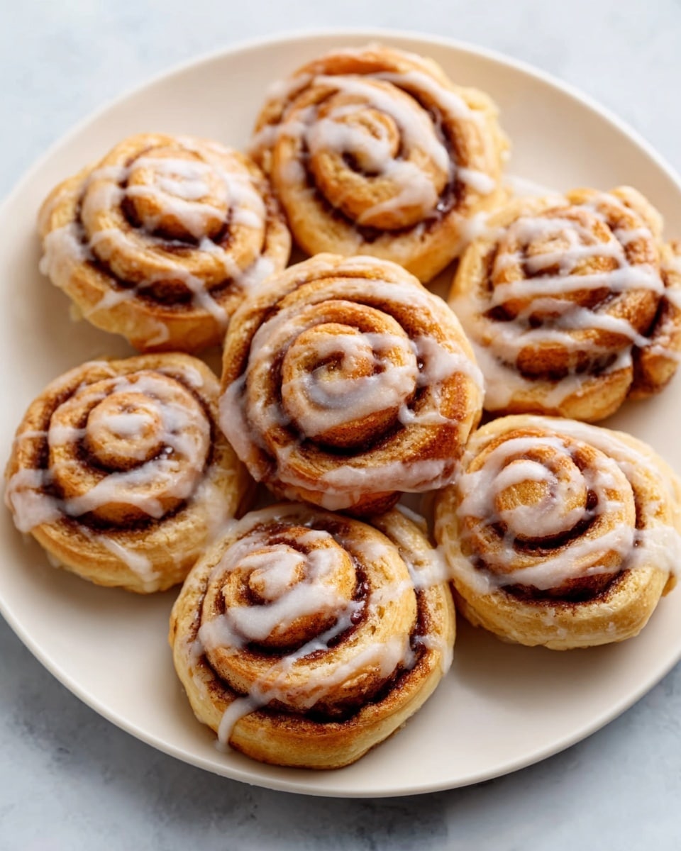 A white plate filled with soft cinnamon rolls arranged in tight spirals, each roll showing layers of light golden-brown dough and dark cinnamon filling in the swirls. The rolls are topped with a shiny, creamy white icing drizzled unevenly across the tops, adding a smooth texture that contrasts with the fluffy bread. The background features a white marbled texture that gives a clean and bright setting to highlight the warm colors of the cinnamon rolls. photo taken with an iphone --ar 4:5 --v 7