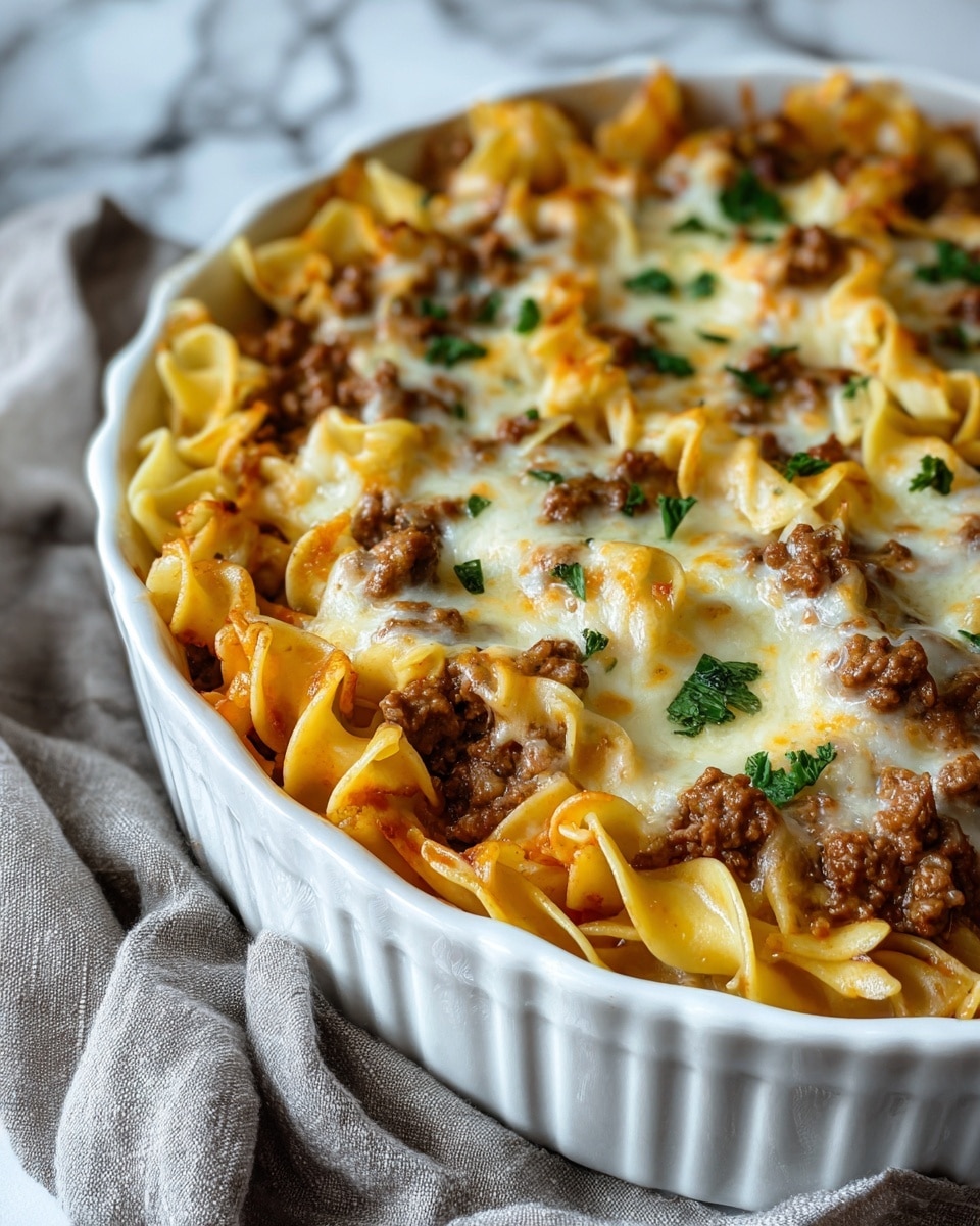 The image shows a white ceramic dish filled with a baked pasta casserole. The bottom layer is made of pale yellow, thick egg noodles with a slightly curled shape. On top of the noodles is a layer of browned ground beef, cooked and crumbly. The next layer is melted cheese, a mix of white and golden yellow, bubbling and slightly browned in spots. Small green parsley leaves are scattered over the cheese, adding a fresh touch. The dish sits on a white marbled texture, and a grey cloth is partially visible at the dish’s base. photo taken with an iphone --ar 4:5 --v 7