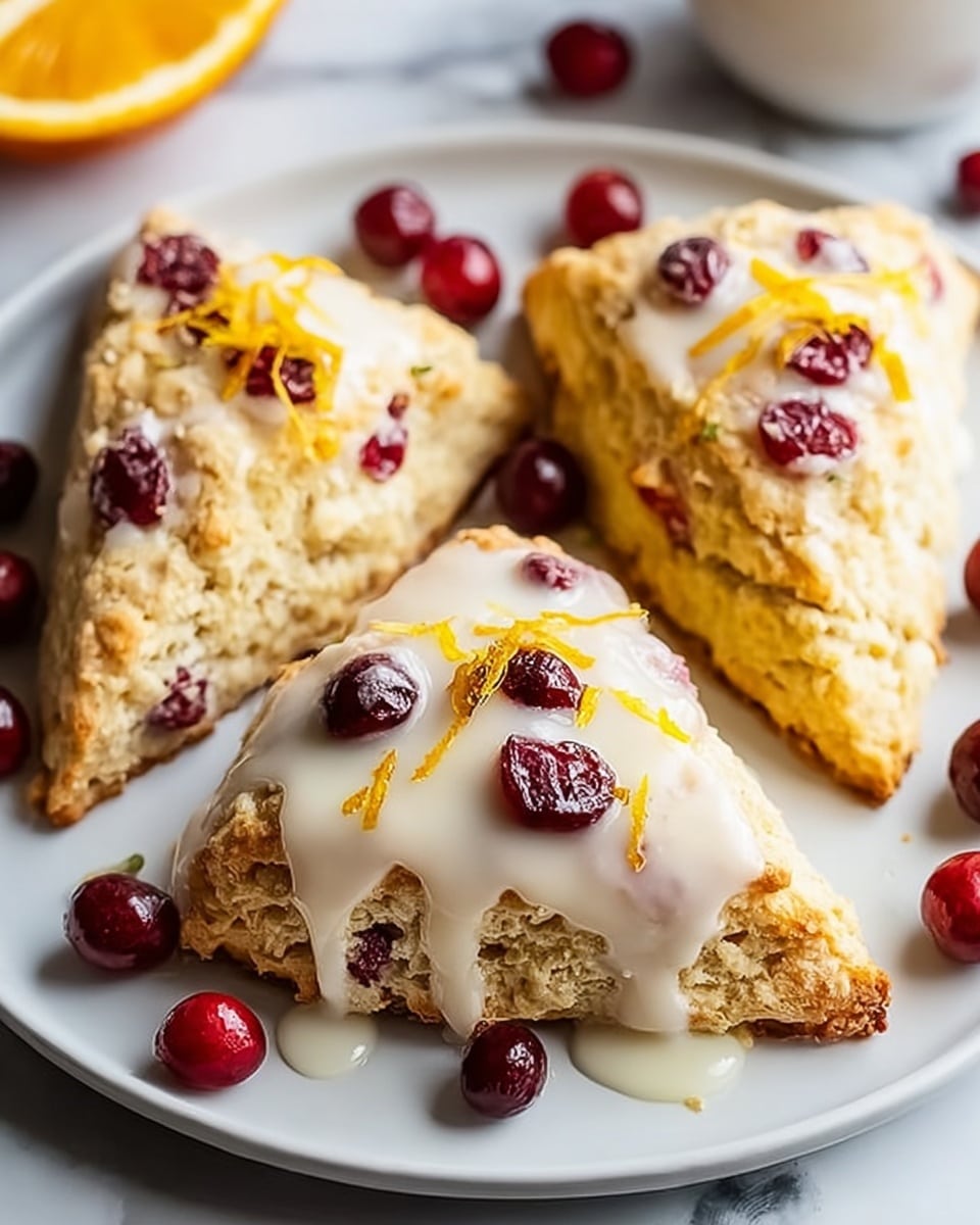The image shows three triangular scones on a white plate with a crumbly golden-brown texture. Each scone is topped with a smooth, light cream-colored glaze that drips slightly down the sides. Scattered inside the scones and around the plate are shiny, deep red cranberries, adding pops of color. Thin strands of bright orange zest are sprinkled on top of the glaze, creating contrast. The plate rests on a white marbled surface. Photo taken with an iphone --ar 4:5 --v 7