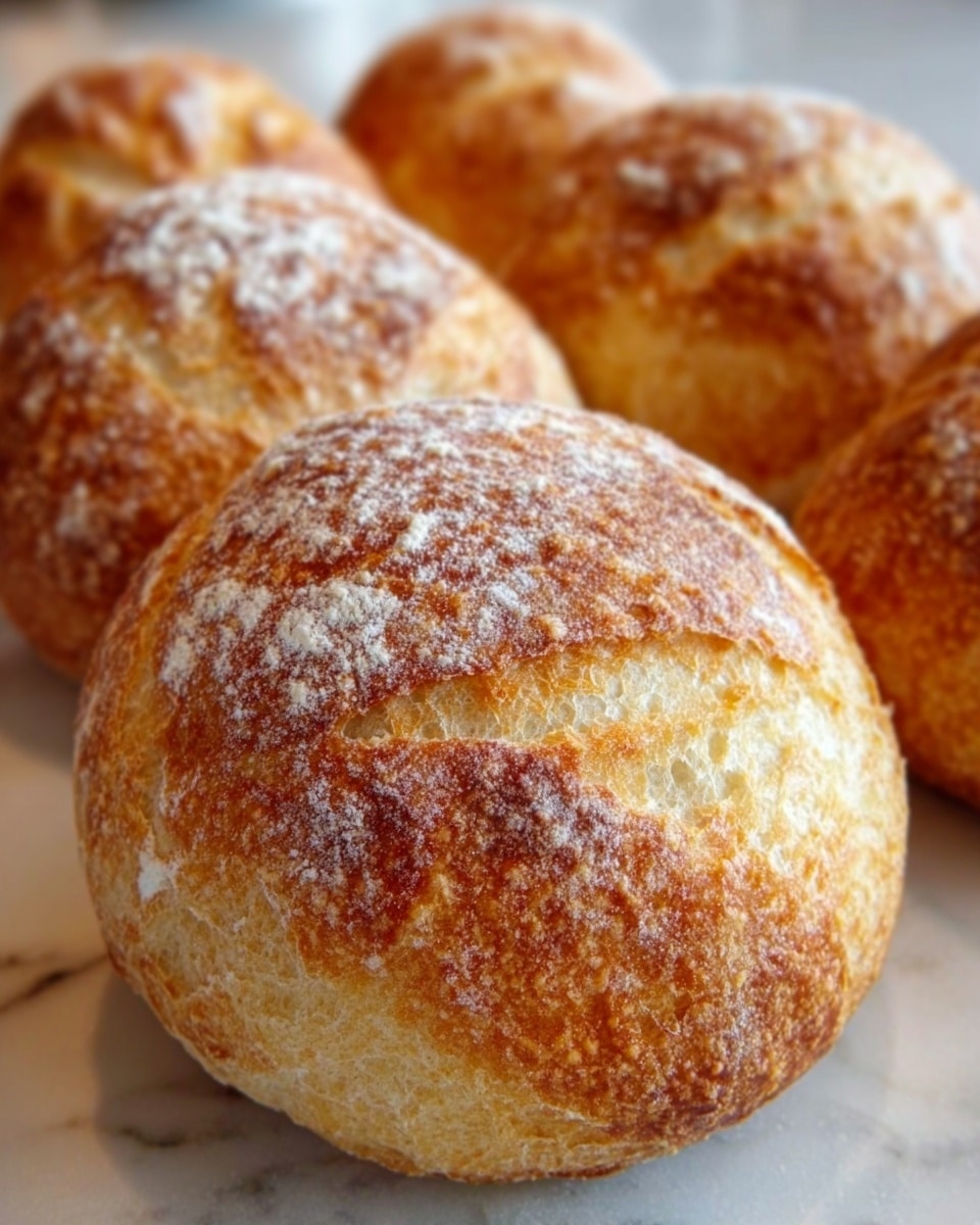 The image shows several round bread rolls with a golden brown crust and a soft, slightly cracked surface. Each roll has a light dusting of flour on top, with a slightly rough texture that highlights the crisp outer layer. The rolls are placed closely together on a white marbled surface, creating a warm and fresh baked look. The lighting brings out the natural color variations and fine details of the crust, making them look appetizing and homemade. Photo taken with an iphone --ar 4:5 --v 7