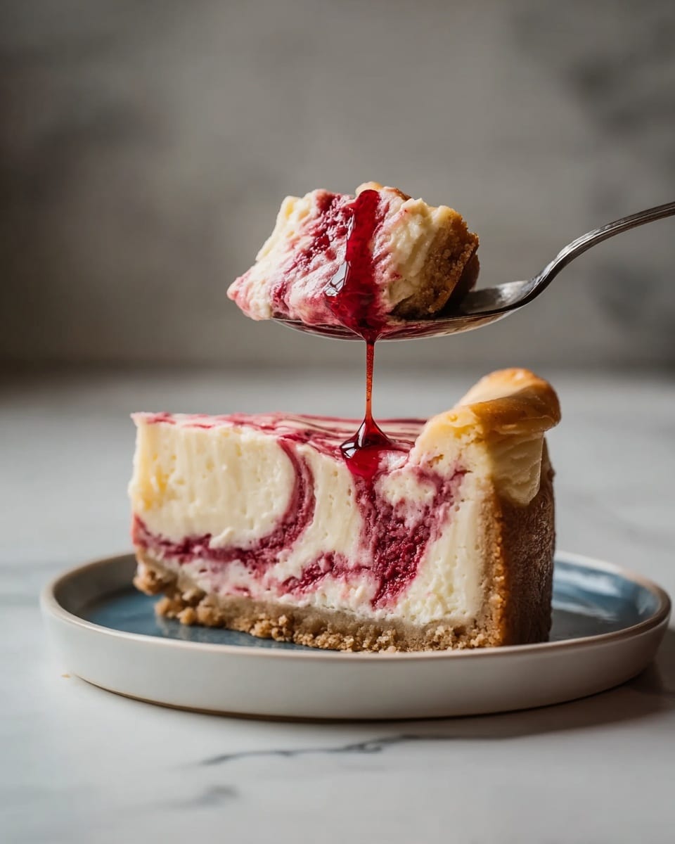 A slice of cheesecake with two main layers sits on a white plate with a blue inside; the bottom layer is light beige cake with a soft texture, and the top layer is creamy white cheesecake with swirls of deep red berry sauce. A woman's hand holds a silver spoon lifting a portion of the cheesecake, with gooey red berry sauce dripping from the spoon, showing the mix of white and red colors blending together. The background is a white marbled texture. photo taken with an iphone --ar 4:5 --v 7