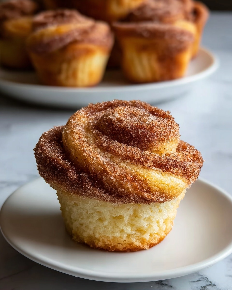 A single cinnamon sugar muffin with two visible layers sits on a white plate; the bottom layer is light golden-yellow with a soft cake texture, while the top layer is a twisting spiral covered in a coarse cinnamon sugar coating, giving it a grainy, glistening look. In the background, there is a white plate holding several more muffins, slightly out of focus on a white marbled surface. The overall image has warm lighting capturing the textured sugar crystals and soft cake, photo taken with an iphone --ar 4:5 --v 7