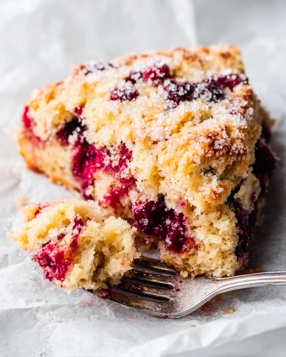 A close-up view of a crumbly, golden-brown scone with visible red berry pieces scattered inside and on top, giving a mix of bright red and deep purple colors. The scone has a rough sugar crystal layer on its top, adding a slightly sparkling texture. A silver fork is placed near the scone, with part of its tines gently breaking into the soft, moist inside that looks light yellow and fluffy. The whole scene is set on a slightly crumpled white parchment paper over a white marbled surface, emphasizing the scone’s warm tones. Photo taken with an iphone --ar 4:5 --v 7