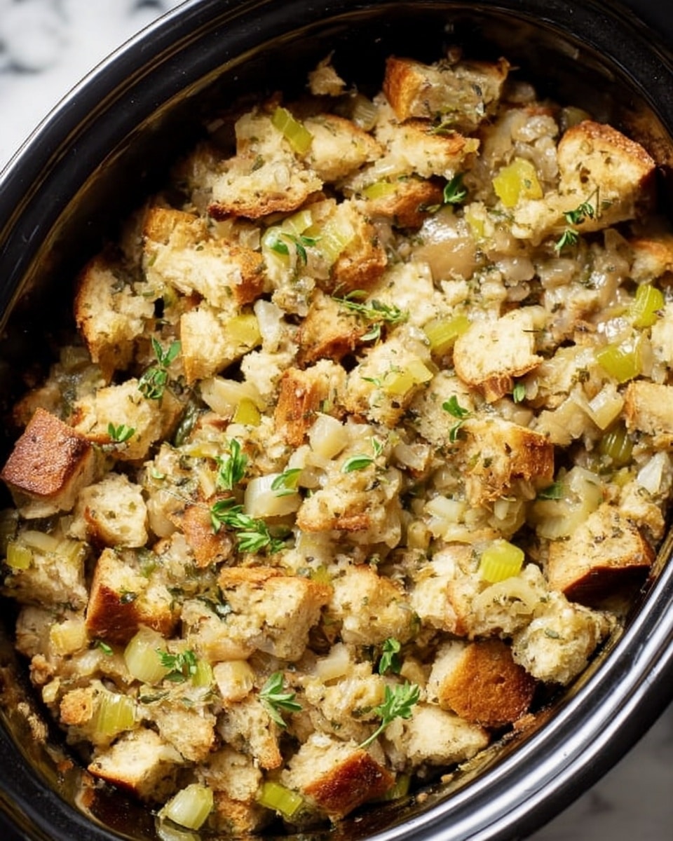 The image shows a close-up of a slow cooker filled with stuffing made of rough, uneven chunks of bread mixed with pale green celery pieces and translucent cooked onions, all covered in a light brown, slightly creamy sauce. Small bits of green herbs are scattered throughout, adding flecks of fresh color. The texture looks soft and moist with some bread parts slightly toasted or browned. The stuffing layers blend together naturally, sitting in the black round slow cooker, which is placed on a white marbled surface. Photo taken with an iphone --ar 4:5 --v 7