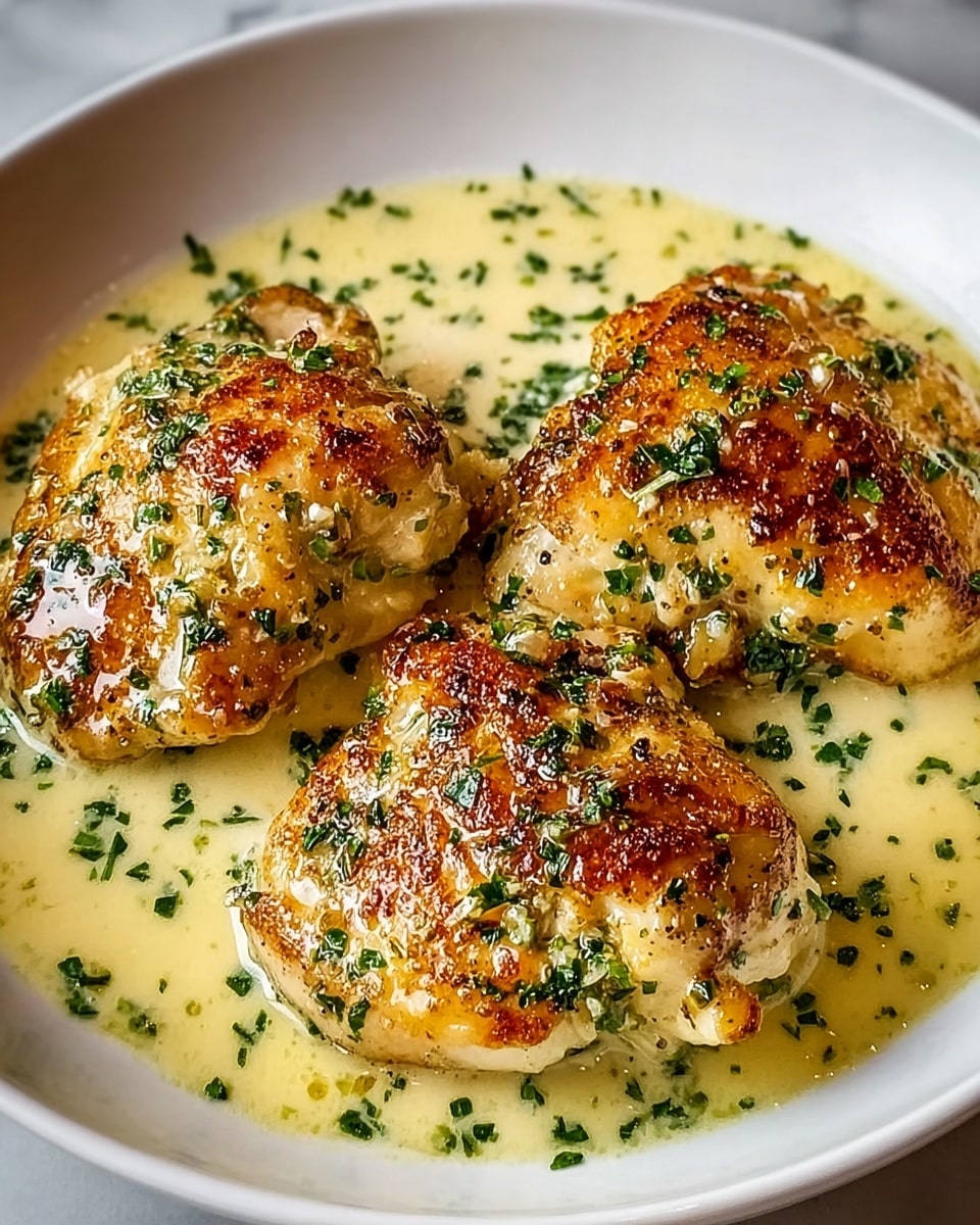 Three browned, grilled chicken pieces with a slightly crispy texture sit on a pool of creamy light yellow sauce in a white bowl. Each chicken piece is topped with a drizzle of the same sauce and sprinkled with finely chopped green herbs. The sauce spreads slightly on the bottom of the bowl, adding a glossy shine to the dish. The white bowl is placed on a white marbled surface. photo taken with an iphone --ar 4:5 --v 7