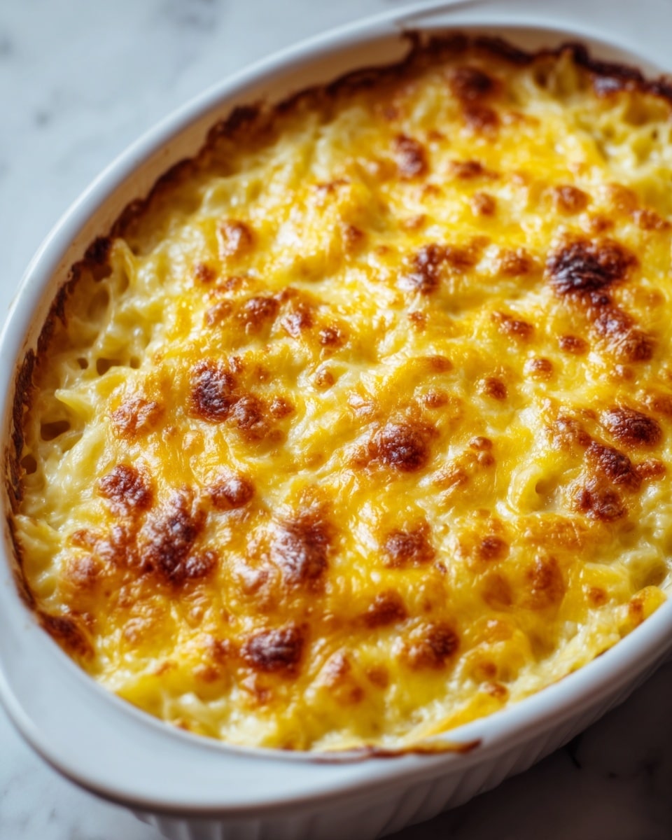 The image shows a close-up view of a baked dish in a white ceramic oval dish. The top layer is golden yellow with melted cheese that has browned slightly in spots, giving it a crispy texture. Underneath, you can see a creamy mixture of cooked pasta, which looks soft and tender. The dish is placed on a white marbled surface, and the lighting highlights the glossy, cheesy topping and the bubbling edges of the pasta. photo taken with an iphone --ar 4:5 --v 7
