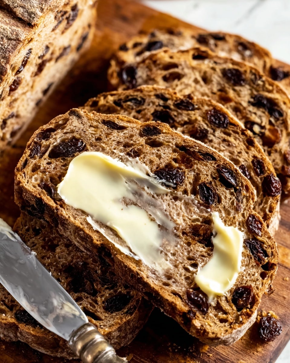 The image shows several slices of dark brown raisin bread with a crusty texture, arranged on a wooden surface. One slice is in the foreground with a shiny, creamy layer of melted butter spread unevenly on it, while a silver butter knife is placed next to it. The bread has a dense texture with visible raisins spread throughout each slice. The background is a white marbled texture. Photo taken with an iphone --ar 4:5 --v 7