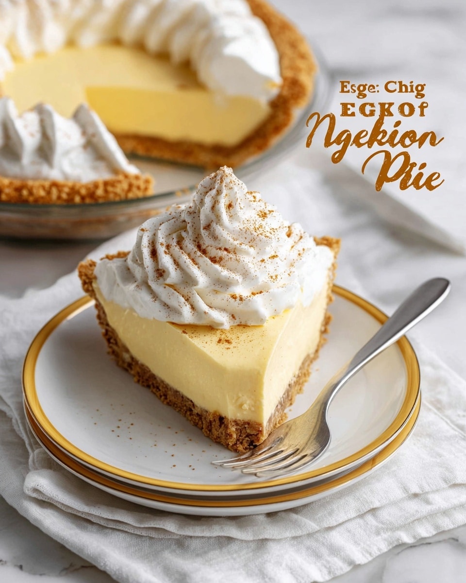 The image shows a no-bake eggnog cream pie with a golden brown crust at the bottom layer, followed by a smooth, creamy yellow layer of eggnog filling. On top, there is a thick swirl of white whipped cream sprinkled lightly with a dusting of brown spice. One slice has been cut out and placed on a white plate with a golden rim, with a silver fork beside it. The pie and slice sit on a white marbled surface, with a white cloth napkin nearby, and part of the whole pie is visible in the background. Photo taken with an iphone --ar 4:5 --v 7