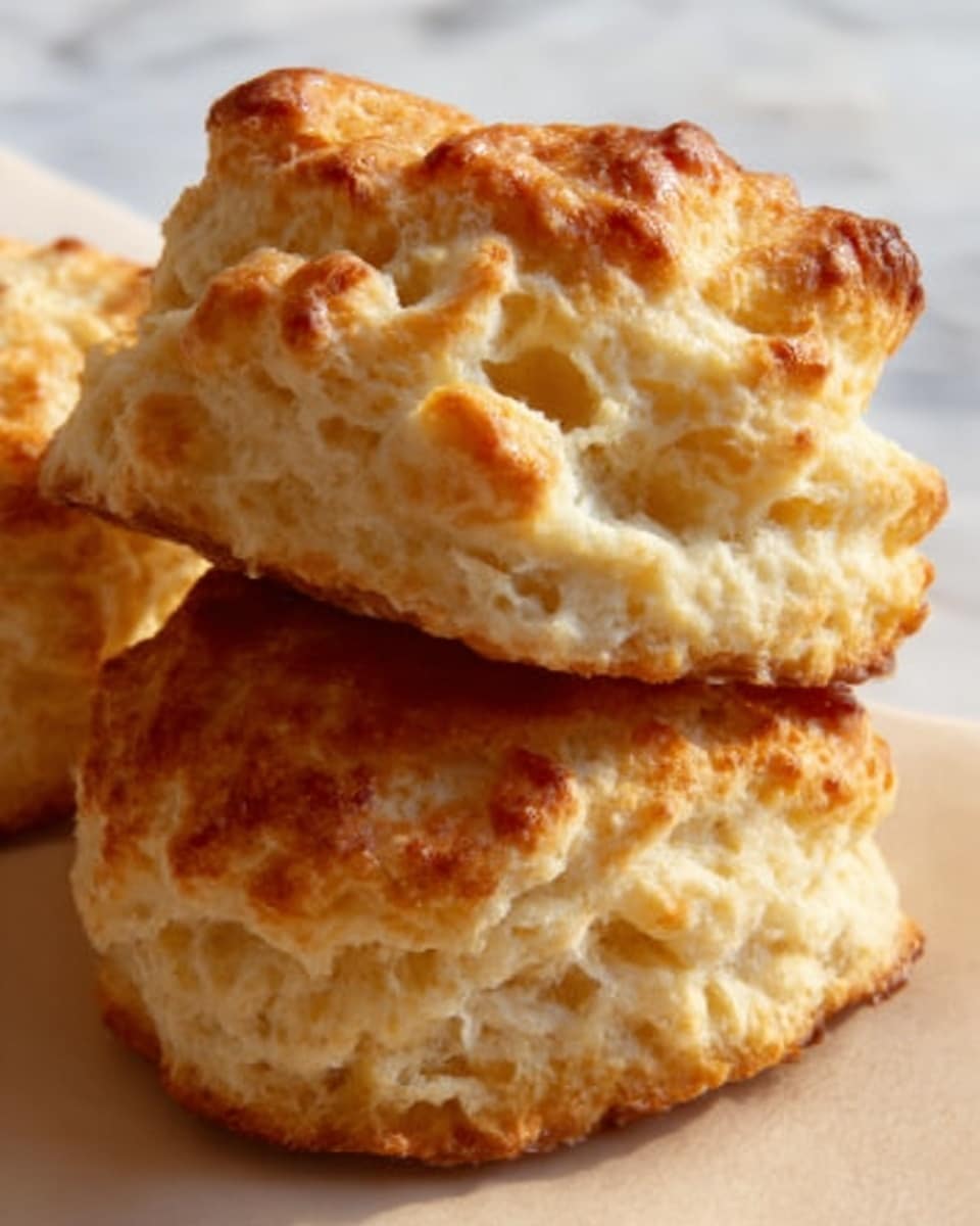 The image shows two golden-brown biscuits with a rough, flaky texture on top and a soft, airy inside. Each biscuit has multiple crumbly layers visible, with a slightly crispy and uneven surface. They rest on a white marbled background, highlighting their warm, freshly baked look. The light captures the biscuit's light and darker brown spots, making the layers clear and appetizing. Photo taken with an iphone --ar 4:5 --v 7