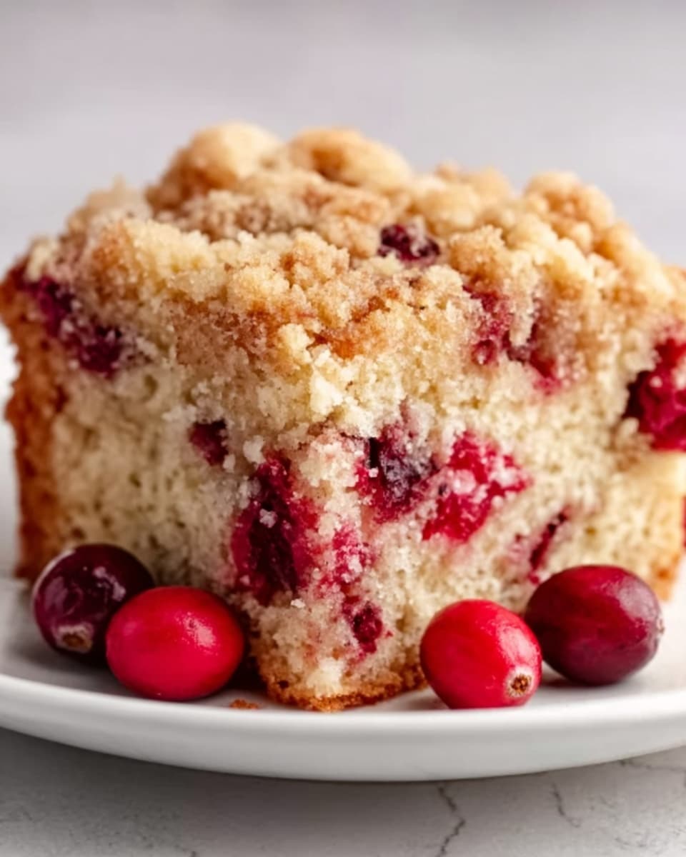 A close-up image of a square piece of crumb cake with visible red cranberries inside and a golden crumb topping on top. The cake has a light brown color with a soft and moist texture, speckled with juicy red cranberries throughout. Around the base of the cake piece, a few whole fresh cranberries are scattered. The cake sits on a smooth white plate, placed on a white marbled surface. The image is clear and bright, showing details of the crumb topping and the moist cake layers inside. Photo taken with an iphone --ar 4:5 --v 7