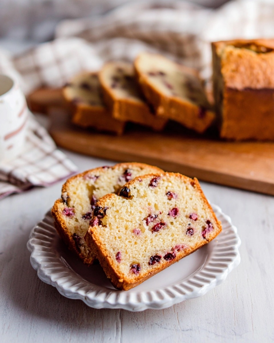The image shows two thick slices of golden-brown fruit bread with visible dark red berries spread through the crumb, placed on a small white scalloped-edged plate. Behind the plate, there is a loaf of the same bread on a wooden board, partially sliced, with several more slices fanned out slightly. The background features a soft white checkered cloth on a white marbled surface, adding a warm and cozy feel to the scene. Photo taken with an iphone --ar 4:5 --v 7