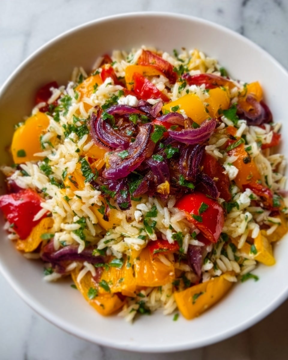 A white bowl filled with a colorful rice salad showing several layers, the base is a mix of yellow and white rice grains with a soft texture, topped with vibrant pieces of roasted red and yellow bell peppers that have a slightly wrinkled skin. Scattered on top are thin slices of caramelized red onions adding a deep purple color and some green chopped herbs that look fresh, adding contrast. The bowl sits on a white marbled surface. photo taken with an iphone --ar 4:5 --v 7