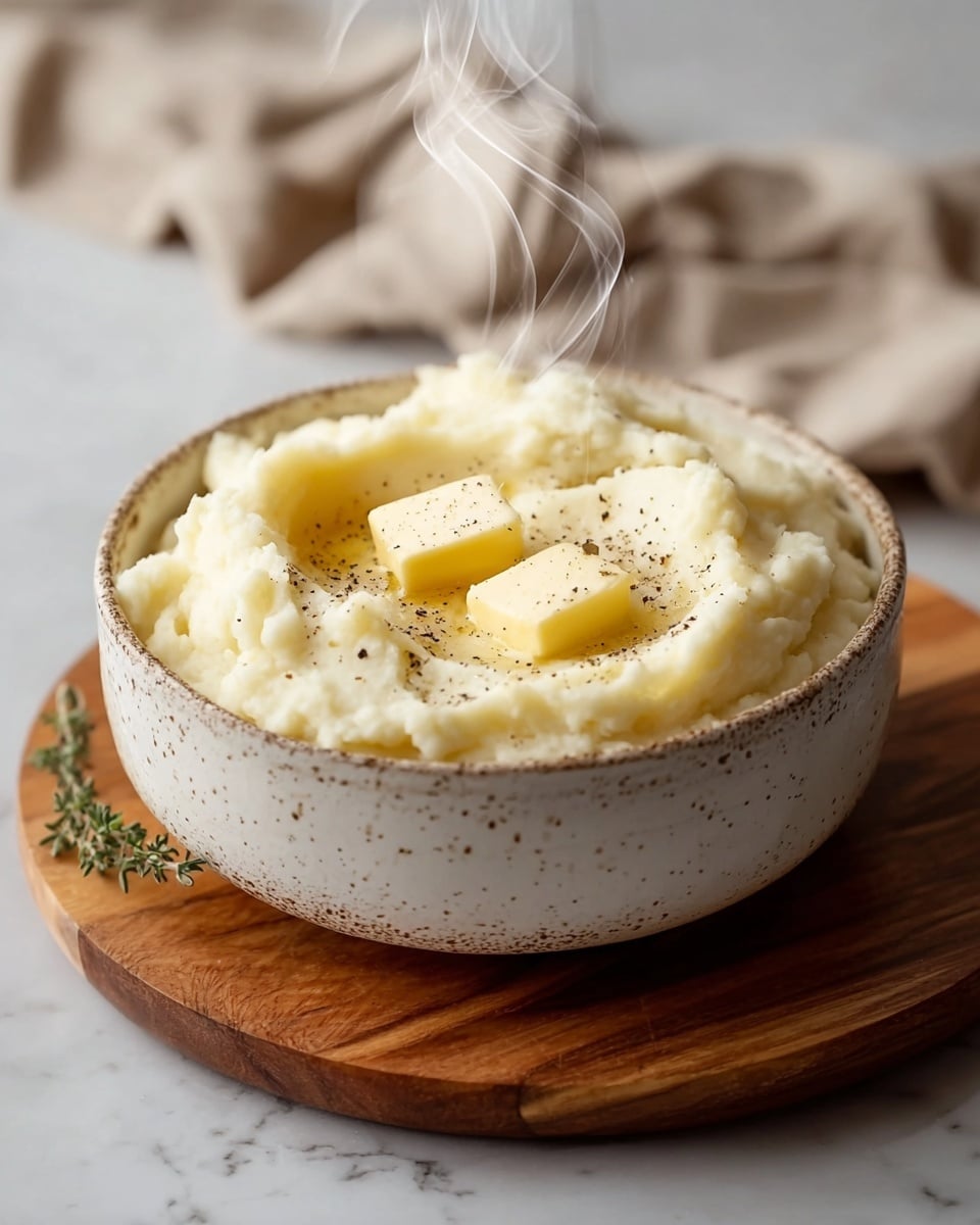 A bowl filled with creamy, smooth mashed potatoes that have a soft, light off-white color, topped with two small square pats of melting golden yellow butter. The butter sits in the center, and some black pepper is sprinkled over the mashed potatoes, adding small dark specks. The bowl is rustic, white with brown speckles, and placed on a round wooden board with visible grain. Steam rises warmly from the mashed potatoes, and the setting is on a white marbled surface with a soft beige cloth blurred in the background. photo taken with an iphone --ar 4:5 --v 7