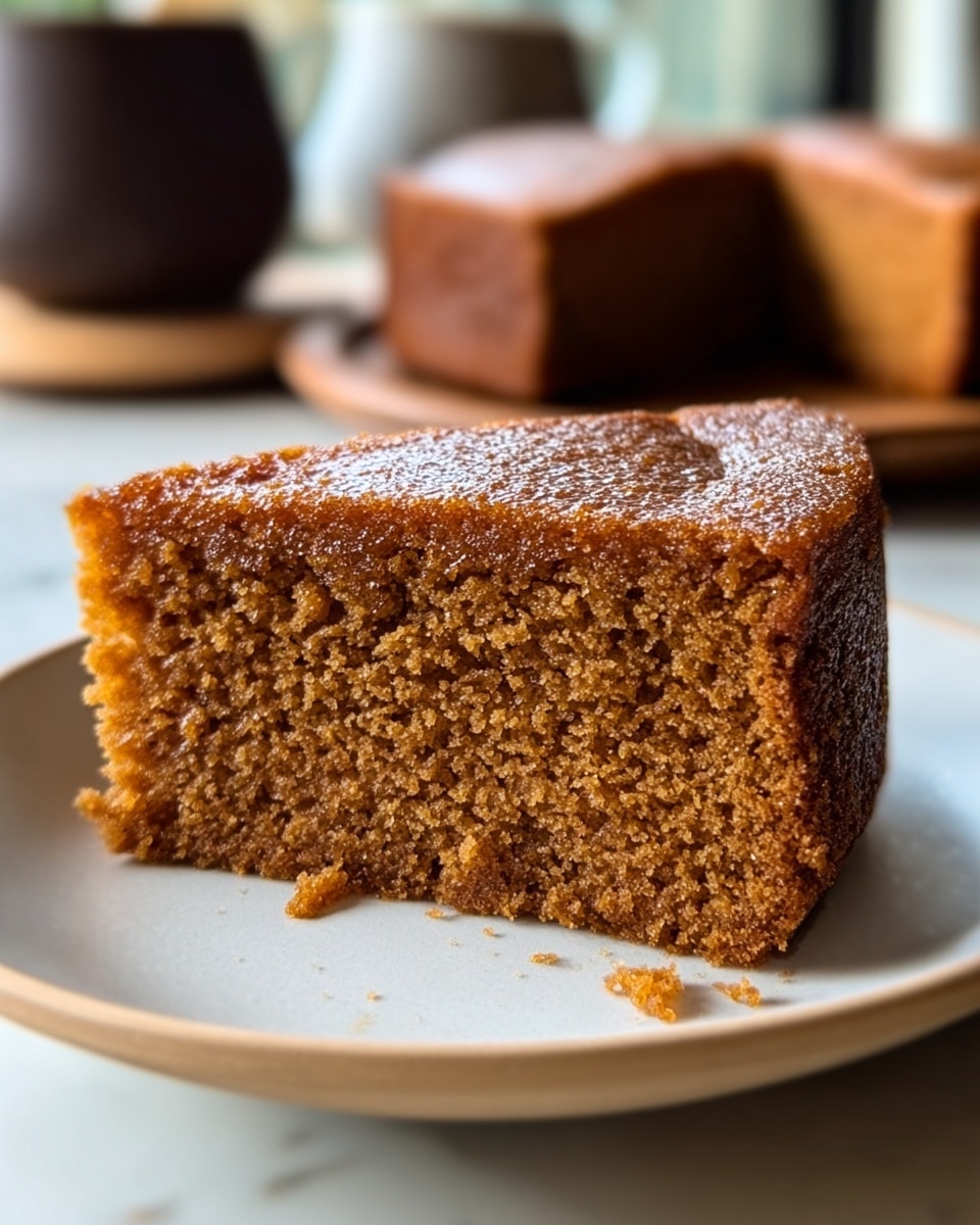 A close-up of a single thick slice of brown cake with a moist texture and crumbly edges sits on a simple white plate. The cake shows a consistent fine crumb pattern inside, with slightly darker, caramelized crust on the top and sides. It is placed on a white marbled surface with some blurred kitchen items in the background, giving a warm and cozy feeling. Photo taken with an iphone --ar 4:5 --v 7