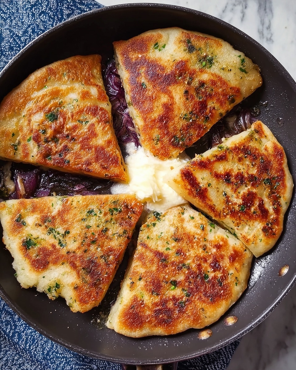 Five golden brown, triangular pieces of fried flatbread with a slightly crispy texture and scattered green herb bits are arranged in a circle in a black pan. Each piece has a crisp, lightly charred surface with varying shades of golden and brown, showing a fluffy white interior along the edges. A small dollop of melted white butter sits next to one of the triangles, partially spread over the pan, adding a creamy contrast. The pan rests on a white marbled surface with a folded blue and white patterned cloth partially visible beneath it. Photo taken with an iphone --ar 4:5 --v 7