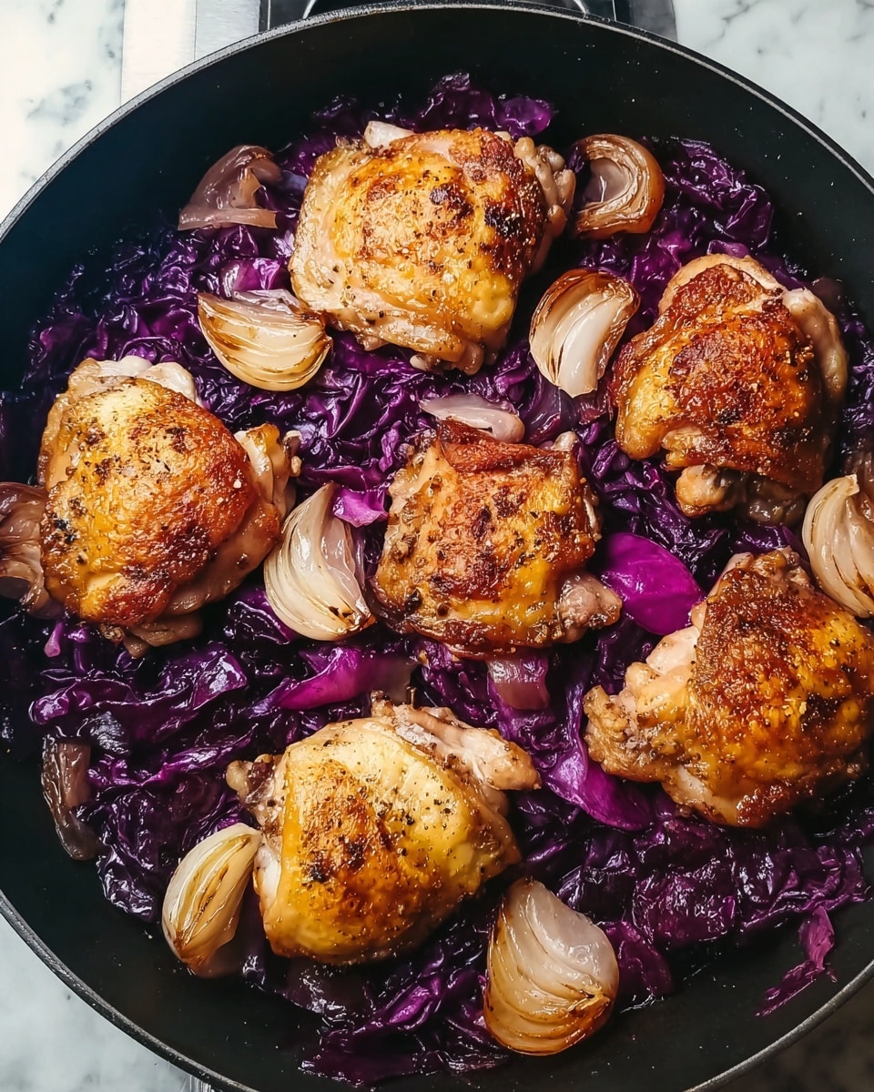 A black pan holds five golden-brown roasted chicken thighs laid on top of a base layer of dark purple cooked cabbage pieces scattered all over the pan. Among the cabbage, small halves of browned shallots add texture and a slightly glossy shine. The chicken skin is crisp with lightly charred spots, and the chicken pieces vary slightly in size and shape. The background shows a small glimpse of black stove parts, with the whole pan resting on a white marbled surface. photo taken with an iphone --ar 4:5 --v 7