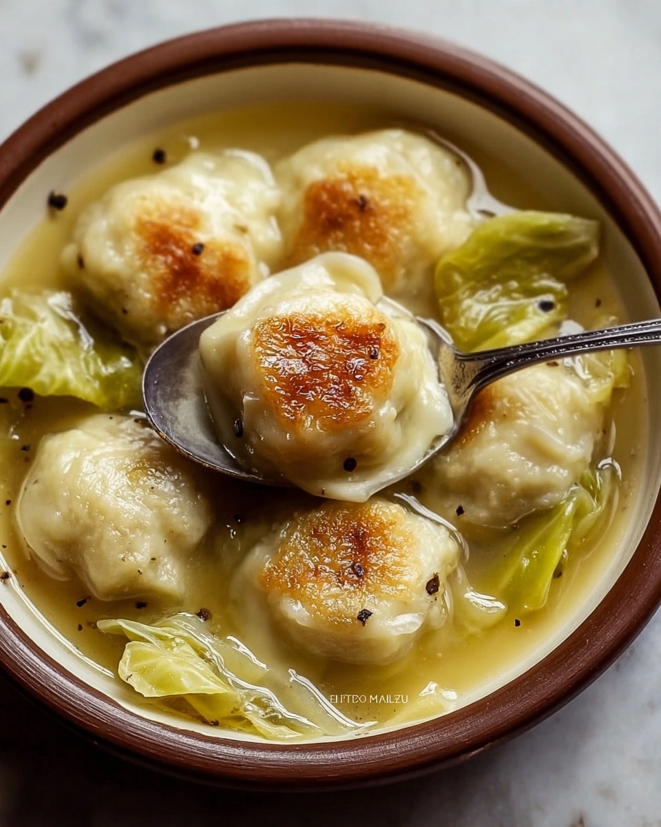 A close-up of a white bowl filled with dumplings and cooked cabbage in clear broth, showing multiple round dumplings with smooth, light beige wrappers, one dumpling lifted on a silver spoon with a golden, slightly crispy browned top, and light green cabbage leaves scattered among the dumplings; the broth reflects light with some black pepper flakes visible. Photo taken with an iphone --ar 4:5 --v 7