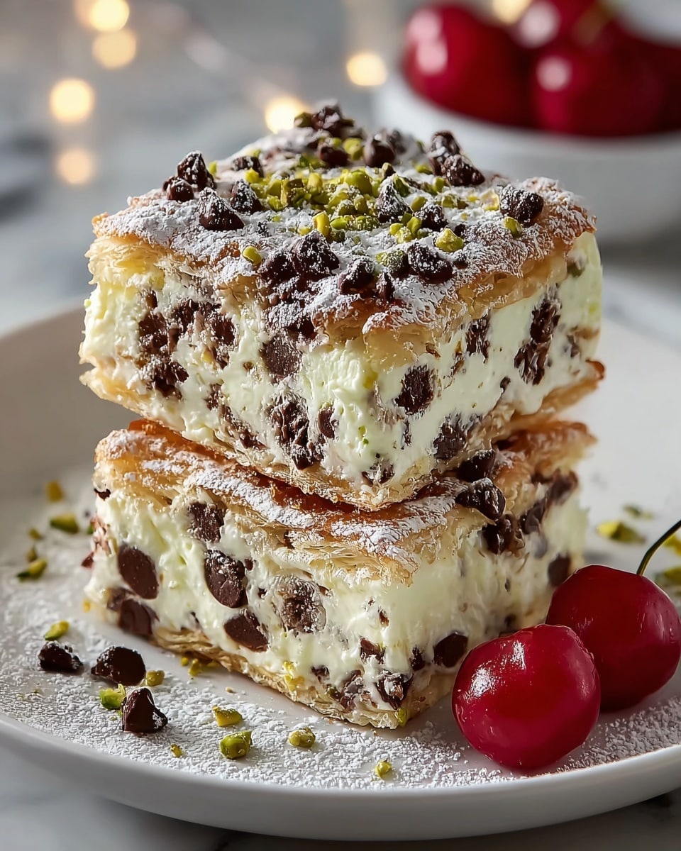 Two square slices of a creamy dessert are stacked on a white plate with powdered sugar sprinkled around. Each slice has three clear layers: a light golden crispy pastry on the top and bottom, and a thick middle layer of white cream mixed with many dark chocolate chips. The top pastry layer is dusted with more powdered sugar, chocolate chips, and small green crushed pistachio pieces. Two bright red cherries with stems lay beside the dessert, against a white marbled surface background. Photo taken with an iphone --ar 4:5 --v 7