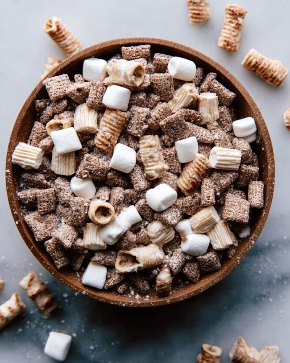 A top-down view of a round white plate filled with several layers of small, square-shaped chocolate pillows that have a soft, textured surface. Scattered unevenly on top are small white marshmallows and light brown rolled wafer sticks with darker spiral stripes, adding contrast in color and texture. The plate rests on a white marbled surface with a few marshmallows and wafer sticks lying around it, creating a casual and inviting look. photo taken with an iphone --ar 4:5 --v 7
