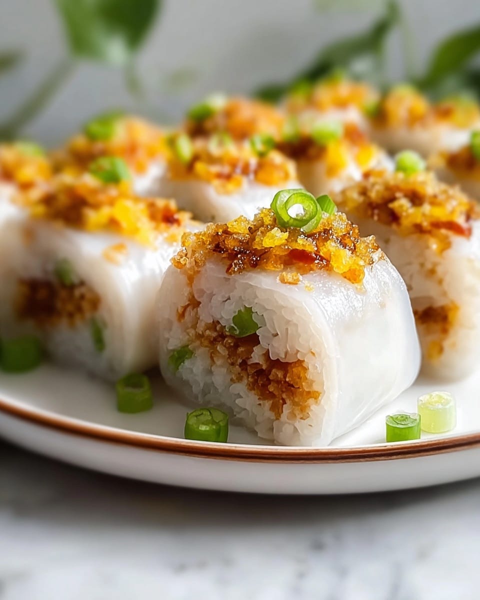Several pieces of translucent white rice rolls are lined up on a white plate with a thin red trim, set on a white marbled surface. Each roll shows a clear layer of sticky rice inside, filled with bright yellow corn kernels and reddish-brown crispy bits, topped with small green onion pieces. The outer layer looks smooth and slightly shiny, wrapping the stuffing neatly. Some green onion pieces are scattered on the plate next to the rolls. Photo taken with an iphone --ar 4:5 --v 7