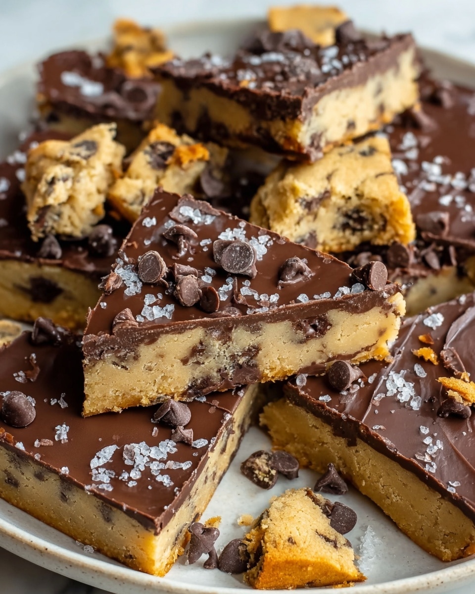 The image shows several pieces of a chocolate-covered dessert arranged closely together on a white marbled surface. Each piece has two visible layers: a thick, smooth, dark brown chocolate top layer with a shiny texture, and a bottom layer that looks like a cookie base with a light golden brown color and dark chocolate chips scattered throughout. The edges of the pieces are clean and sharp, and small flakes of white sea salt are sprinkled on the chocolate layer, adding texture and contrast. Photo taken with an iphone --ar 4:5 --v 7