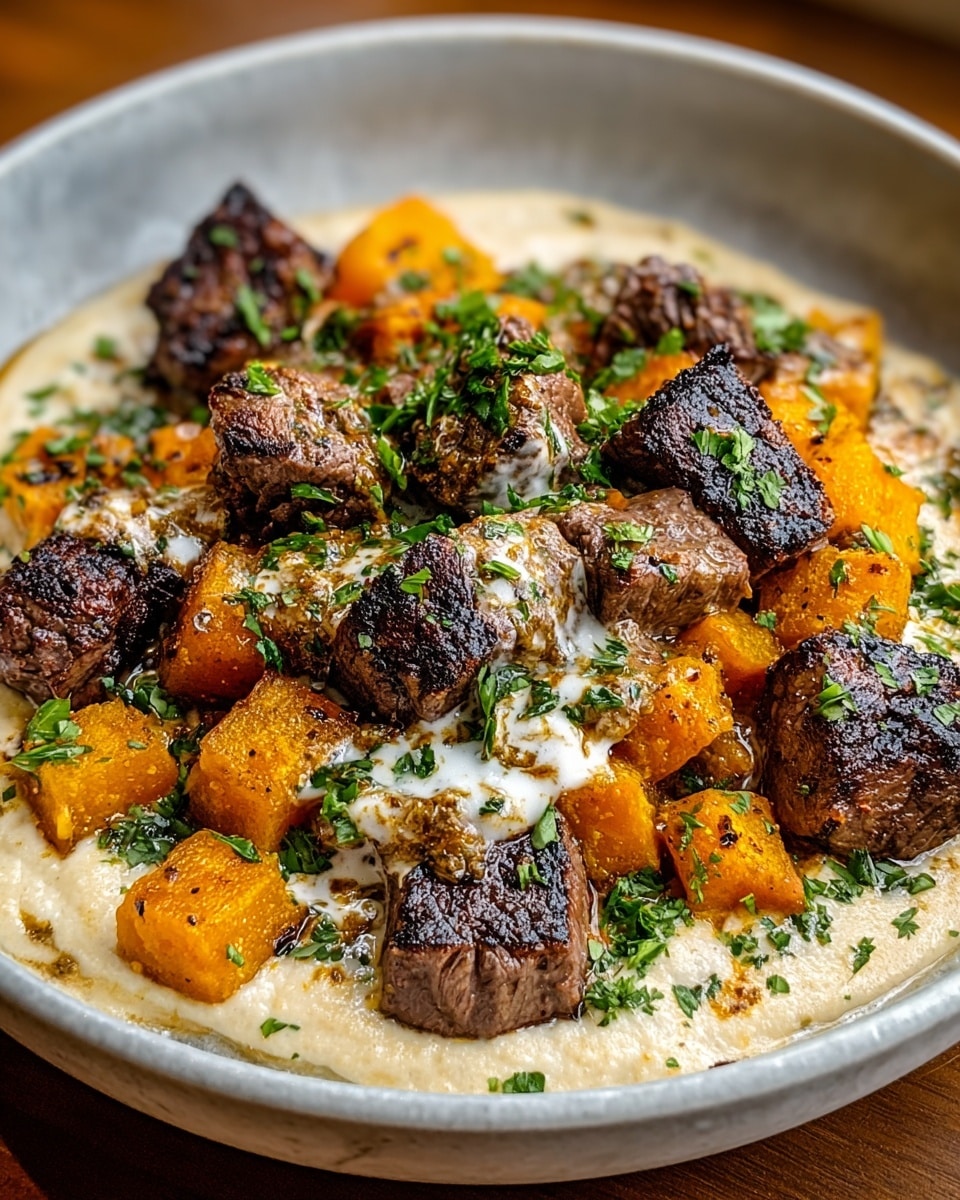 A white bowl holds a dish with three main layers: the bottom holds a creamy white sauce with herbs, the middle layer has large, juicy brown grilled beef cubes with some green herbs sprinkled on top, and the top layer features bright orange roasted cubed butternut squash with slight charring and green herbs scattered over everything. The creamy sauce slightly covers some beef pieces, adding a smooth texture to the rich, grilled look of the meat and vibrant roasted squash. photo taken with an iphone --ar 4:5 --v 7