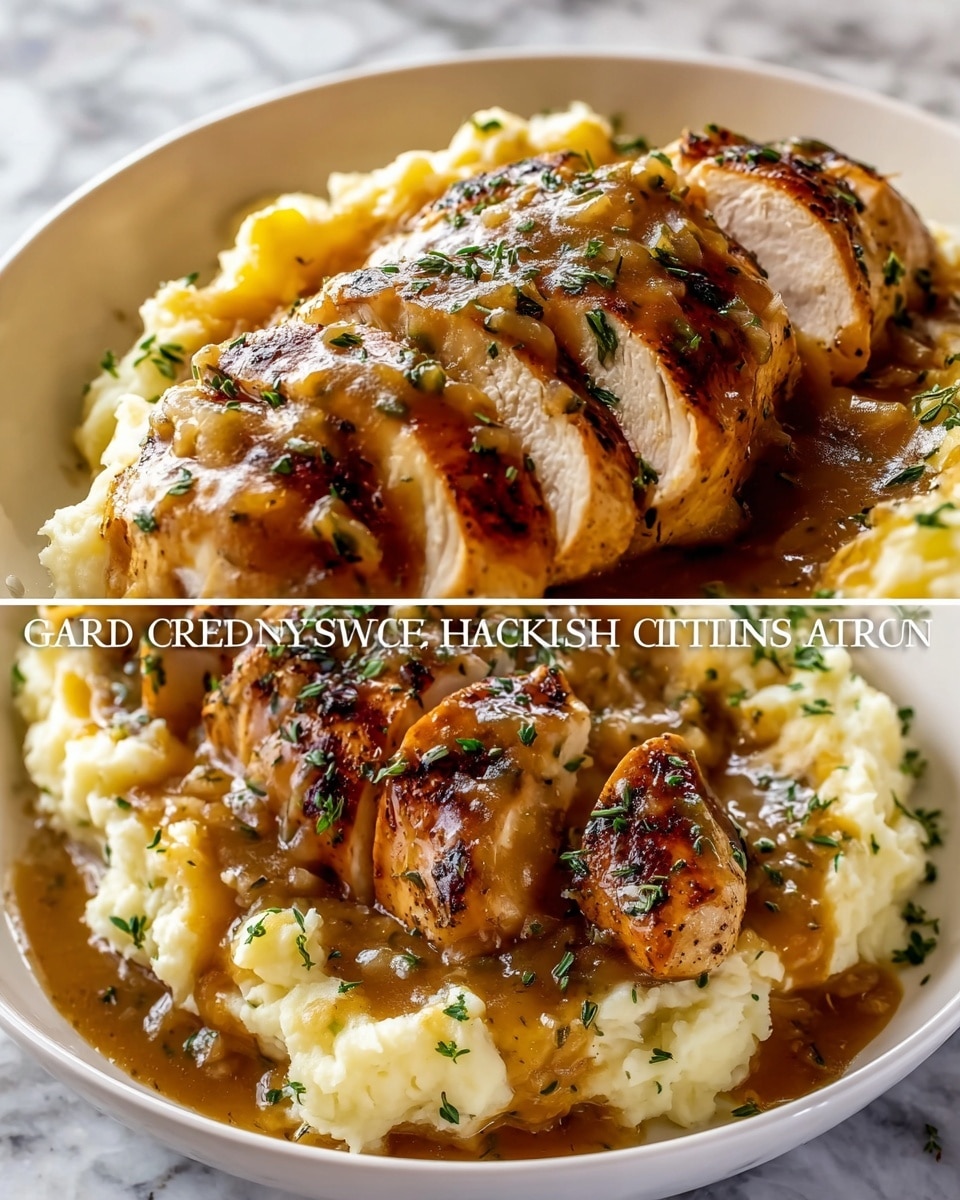 A white bowl filled with a base layer of creamy, pale yellow mashed potatoes that have a soft, slightly lumpy texture; on top sit four thick slices of golden brown grilled chicken breast with visible juicy layers and a slightly charred crust, all covered with a glossy, rich brown garlic gravy that pools around the edges; small green herbs are sprinkled over the chicken and gravy for a fresh touch, the whole dish sits on a white marbled surface. photo taken with an iphone --ar 4:5 --v 7