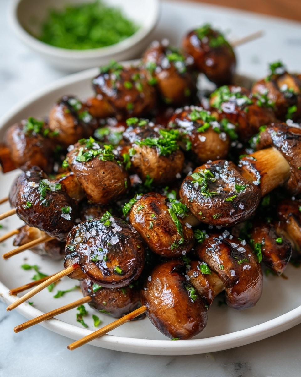 A white plate holds multiple wooden skewers with grilled mushrooms stacked closely. Each mushroom is a medium brown color with dark grill marks and a shiny glaze on the surface. Bright green chopped herbs are sprinkled on the mushrooms, adding a fresh contrast. Some coarse salt crystals are visible on top, enhancing texture. The plate is set on a white marbled surface, with a small white bowl containing more green herbs blurred in the background. photo taken with an iphone --ar 4:5 --v 7