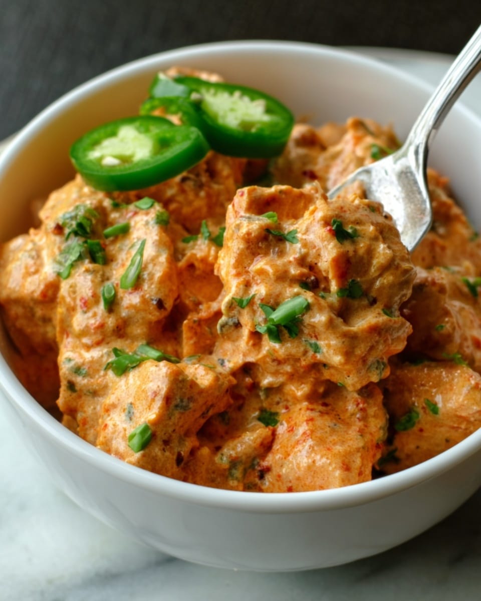 The image shows a white bowl filled with a creamy, chunky orange dish, which appears to be a mix of soft pieces coated in a thick sauce. The dish is topped with small green herbs and a slice of fresh green jalapeño pepper on the side. A metal spoon is placed inside the bowl, lifting a portion of the food. The bowl sits on a white marbled surface. Photo taken with an iphone --ar 4:5 --v 7