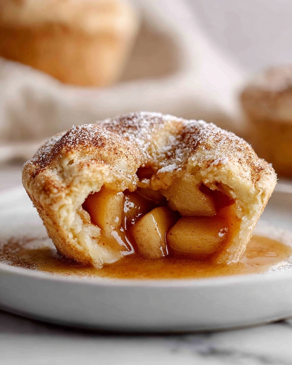 A close-up of a round baked pastry with a golden brown crust dusted with powdered sugar and cinnamon, partially opened to reveal soft, chunky apple filling soaked in a thick, caramel-colored sauce that is oozing out onto a white plate, sitting on a white marbled surface; the background shows another similar pastry slightly blurred. Photo taken with an iphone --ar 4:5 --v 7