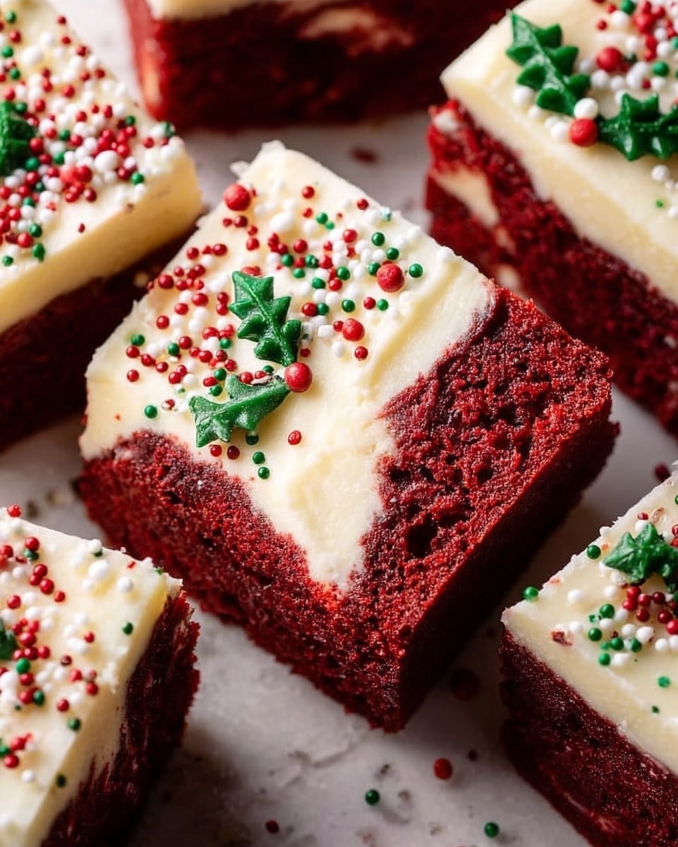 The image shows a close-up of several square pieces of red velvet cake with three visible layers: a deep red cake base, a thick middle layer of creamy white frosting, and a smooth top layer of white frosting decorated with small red and green round sprinkles and tiny green holly leaves. The texture of the cake looks soft and moist, while the frosting is creamy and smooth. The cakes are placed on a white marbled surface. Photo taken with an iphone --ar 4:5 --v 7