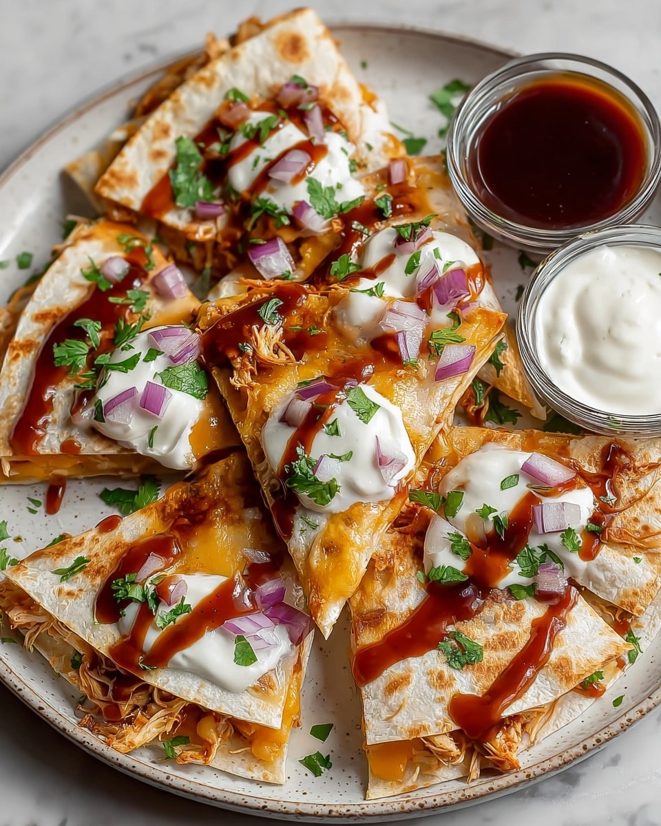 A tan speckled white plate sits on a white marbled texture, filled with eight triangular quesadilla pieces arranged in a circular pattern with some piled on top. Each quesadilla has two soft light-toasted tortilla layers with a slightly bubbly texture, filled with shredded juicy brown chicken, melted orange-yellow cheese, and hidden layers of sauce. On top of the quesadilla pieces, dollops of white sour cream create a smooth contrast, drizzled with thick dark brown barbecue sauce that glistens under the light. Scattered finely chopped purple-red onions and bright green cilantro leaves brighten the dish. On the plate's edge, two small clear glass bowls contain one thick white creamy sauce and one dark glossy sauce. The photo taken with an iphone --ar 4:5 --v 7