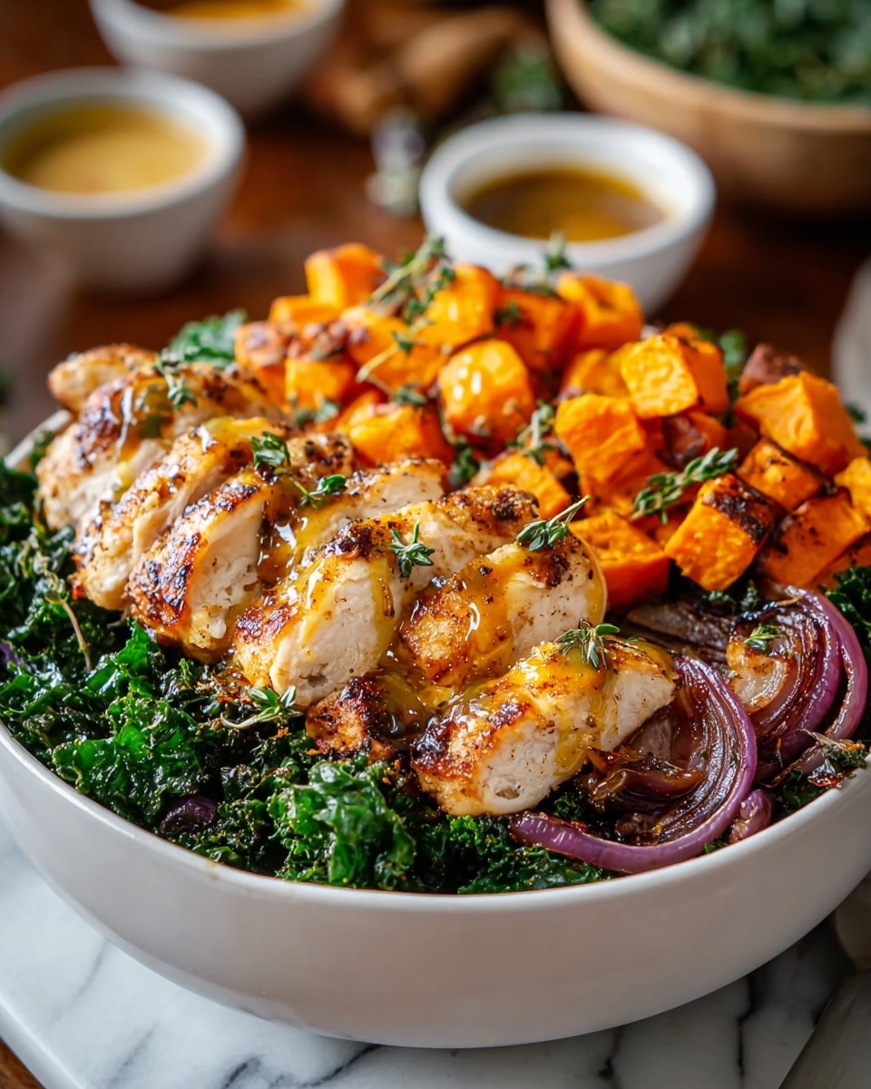 A white bowl filled with three layers: the bottom layer is dark green cooked leafy kale, the middle layer includes charred purple-red onion slices scattered around, and the top layer has golden-brown grilled chicken breast pieces sliced and placed in the center, with roasted orange sweet potato chunks around the edges. The chicken is drizzled with a light brown sauce and garnished with small green herb sprigs. The bowl sits on a gray cloth on top of a white marbled surface, with bowls of sauces blurred in the background. Photo taken with an iphone --ar 4:5 --v 7
