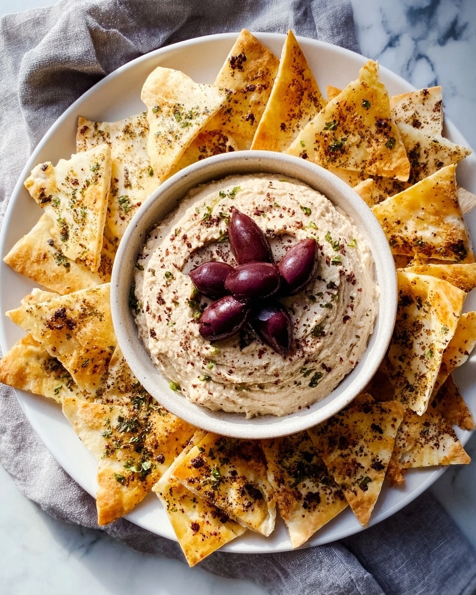 A white round plate holds a small white bowl in the center filled with a creamy light brown dip topped with several small dark brown olives. Around the bowl, there is a single layer of golden triangular pita chips sprinkled with green herbs. The plate sits on a white marbled surface with a gray textured cloth partially visible on the side. Photo taken with an iphone --ar 4:5 --v 7