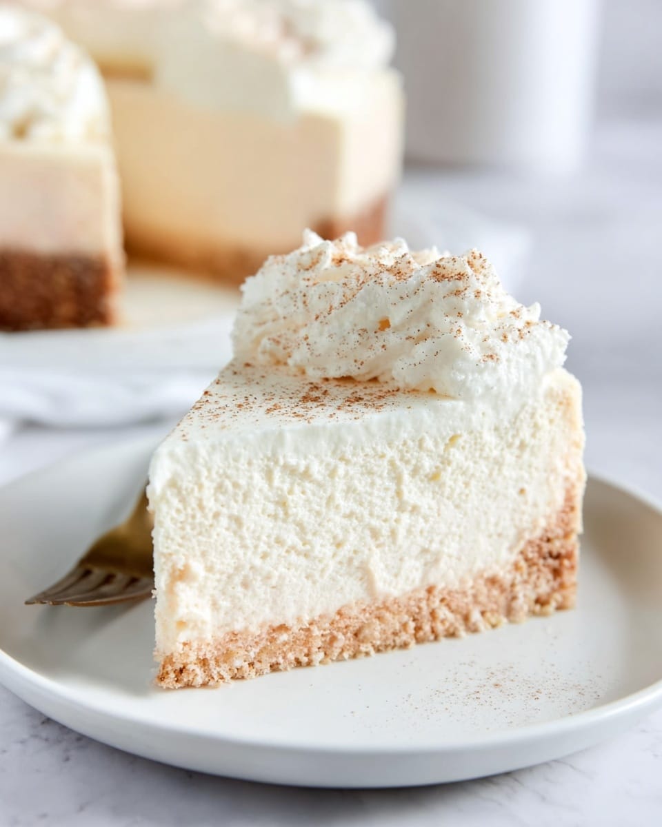 The image shows a single slice of creamy cheesecake on a white plate placed on a white marbled surface. The cheesecake has two visible layers: a smooth, thick, pale creamy filling on top, and a thin, slightly crumbly brown crust at the bottom. The top of the cheesecake slice is decorated with a light layer of whipped cream sprinkled with fine brown powder, possibly cinnamon or nutmeg, adding texture. The slice appears soft and rich, the edges clean and smooth. Photo taken with an iphone --ar 4:5 --v 7