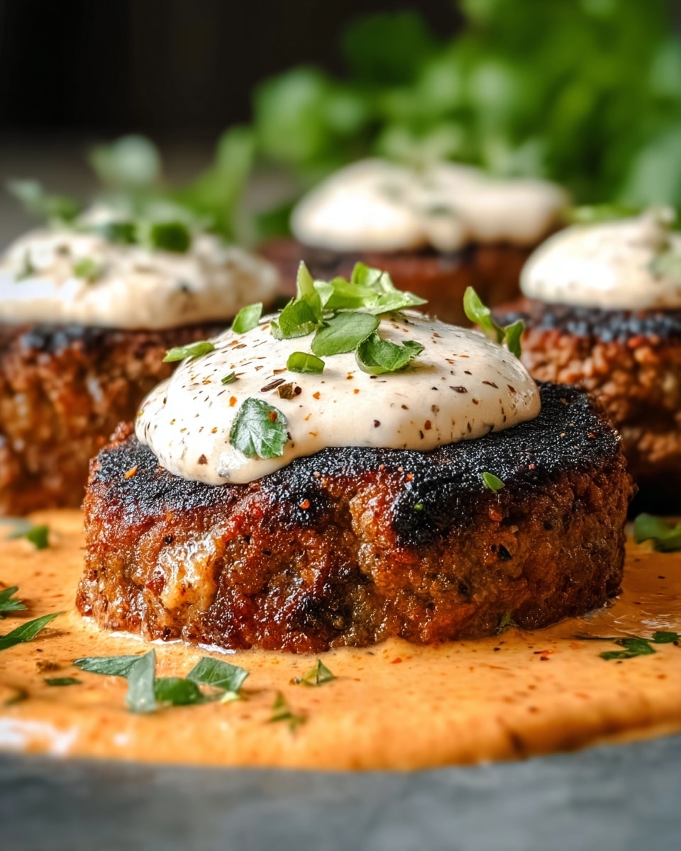 Three thick, round beef patties with a charred dark brown crust sit on a layer of creamy, orange-brown sauce with herbs. Each patty is topped with a dollop of white creamy sauce speckled with green herbs and black pepper, garnished with small fresh green parsley leaves. The patties are arranged close, with the front patty in clear focus and the other two blurred behind. The dish is set against a white marbled texture. Photo taken with an iphone --ar 4:5 --v 7
