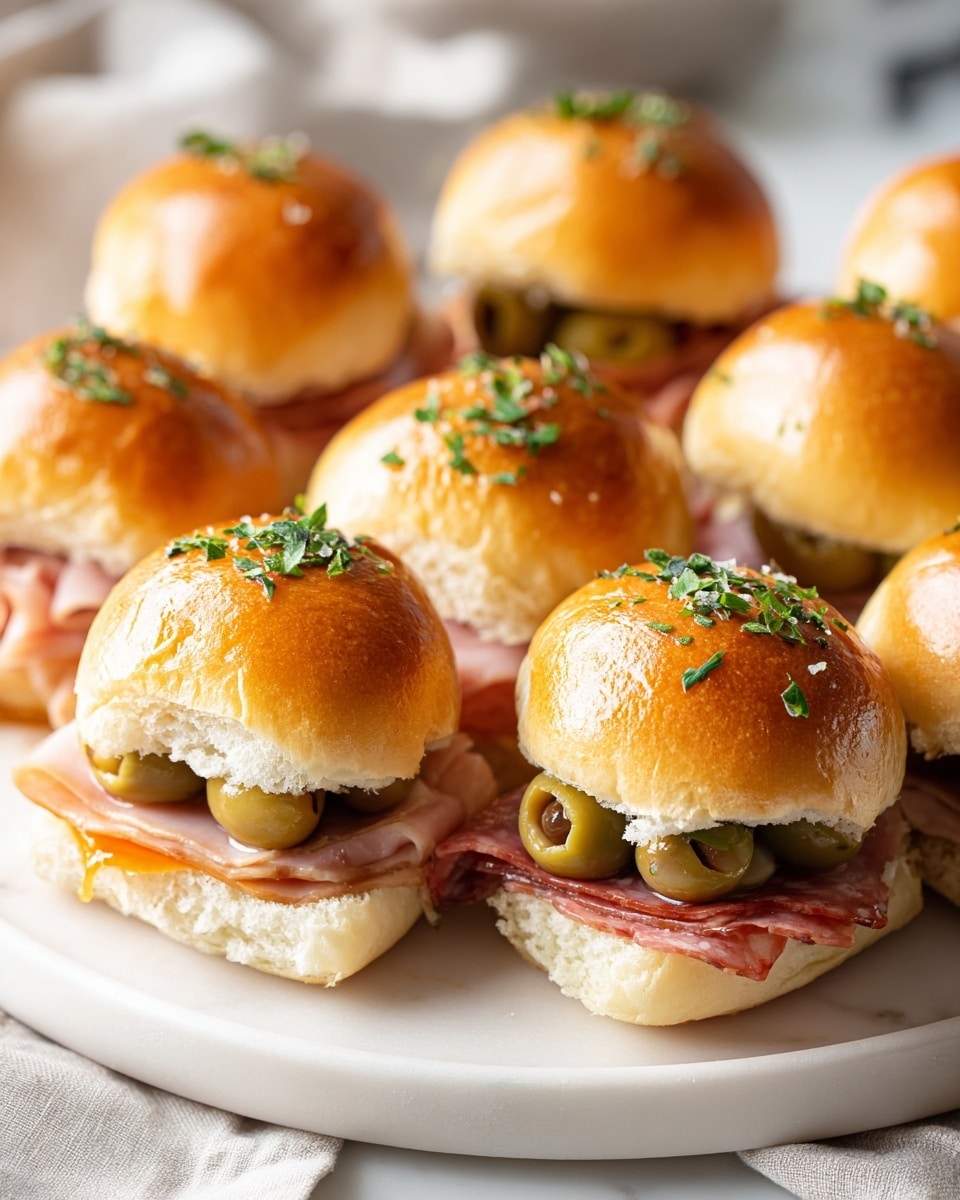 A white plate filled with small round sandwiches, each with a shiny golden brown top sprinkled with small green herb pieces. Each sandwich has two layers: the bottom layer is a soft white bun holding slices of pink ham or red pepperoni with olives nestled inside. The sandwiches are arranged close together on a white marbled surface with a soft cloth nearby. photo taken with an iphone --ar 4:5 --v 7