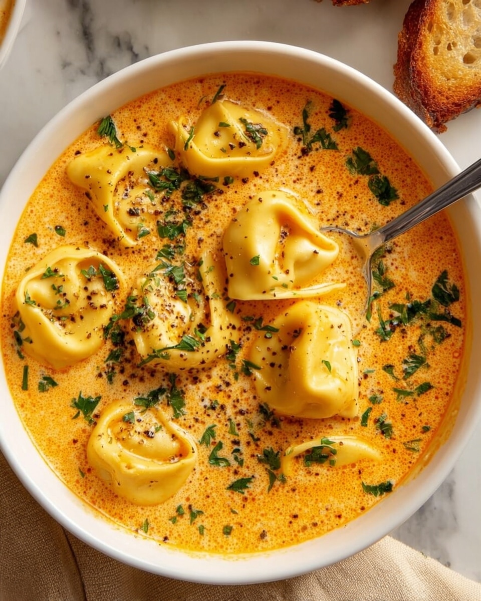 A white bowl filled with creamy orange soup that has a smooth, slightly thick texture, dotted with herbs and spices. Inside the soup, there are six soft tortellini pasta pieces, yellow in color with folded edges, some floating on the surface and one held up by a silver spoon within the bowl. The pasta is sprinkled with finely chopped green herbs, adding a fresh contrast. The bowl is placed on a white marbled surface with a piece of golden-brown bread partly visible on the left side. The lighting highlights the soup’s glossy surface and the delicate texture of the tortellini. Photo taken with an iphone --ar 4:5 --v 7