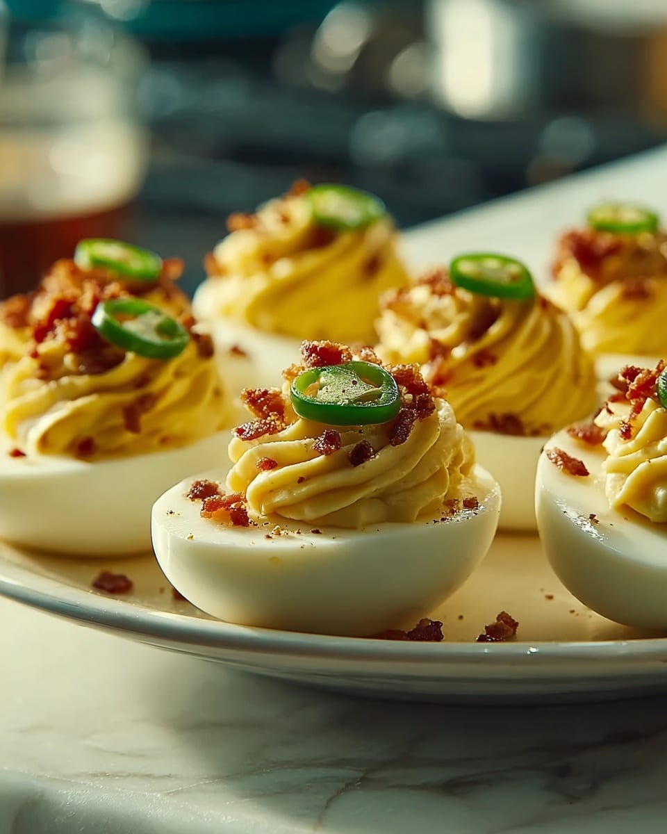 A white plate holds four deviled eggs arranged in a circle. Each egg half has a smooth white outer layer, filled with a creamy pale yellow yolk mixture that is slightly peaked on top. Small pieces of crispy red bacon are sprinkled over the filling on each egg, adding a crunchy texture. A thin green slice of jalapeño sits neatly on the peak of the yolk mixture for garnish. The plate is set on a white marbled surface with a soft background blur. Photo taken with an iphone --ar 4:5 --v 7