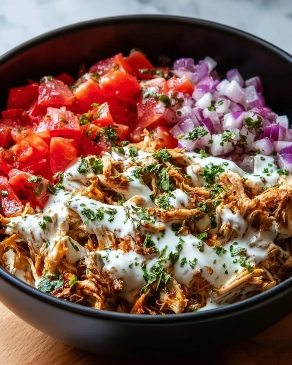 A black bowl holds a colorful layered dish with three main sections: finely chopped red tomatoes on the upper left, bright purple chopped onions below the tomatoes on the left, and seasoned shredded brown chicken covering the right half. A thick white sauce with green herbs is drizzled over the chicken in the middle. Small green herb pieces are sprinkled on top across the ingredients. The bowl is placed on a white marbled surface. Photo taken with an iphone --ar 4:5 --v 7