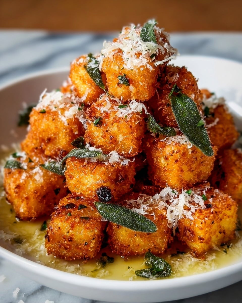 A pile of small, golden-brown fried cubes with a crispy texture is stacked on a white bowl. The cubes have scattered green herbs and small dark green sage leaves on and around them. White grated cheese is sprinkled over the top, some pieces resting on the cubes and some on the brown surface below. The cubes sit in a light yellow sauce that pools around the base. The background has a white marbled texture. photo taken with an iphone --ar 4:5 --v 7