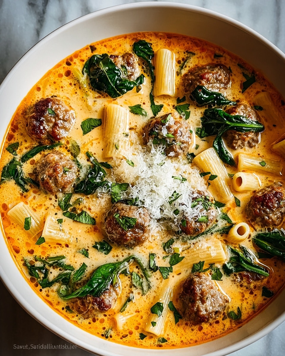 A white bowl filled with creamy orange soup that has a smooth, bubbly surface and holds several browned meatballs with a slightly crispy texture on top. Mixed into the soup are short tubular pasta pieces that are pale yellow and tender, along with wilted dark green spinach leaves. The soup is sprinkled with fresh chopped parsley and finely grated white cheese, mainly gathered in the center, giving a contrast to the orange broth. The soup looks rich and hearty with visible herbs and small oil droplets on the surface. The bowl sits on a white marbled background. photo taken with an iphone --ar 4:5 --v 7