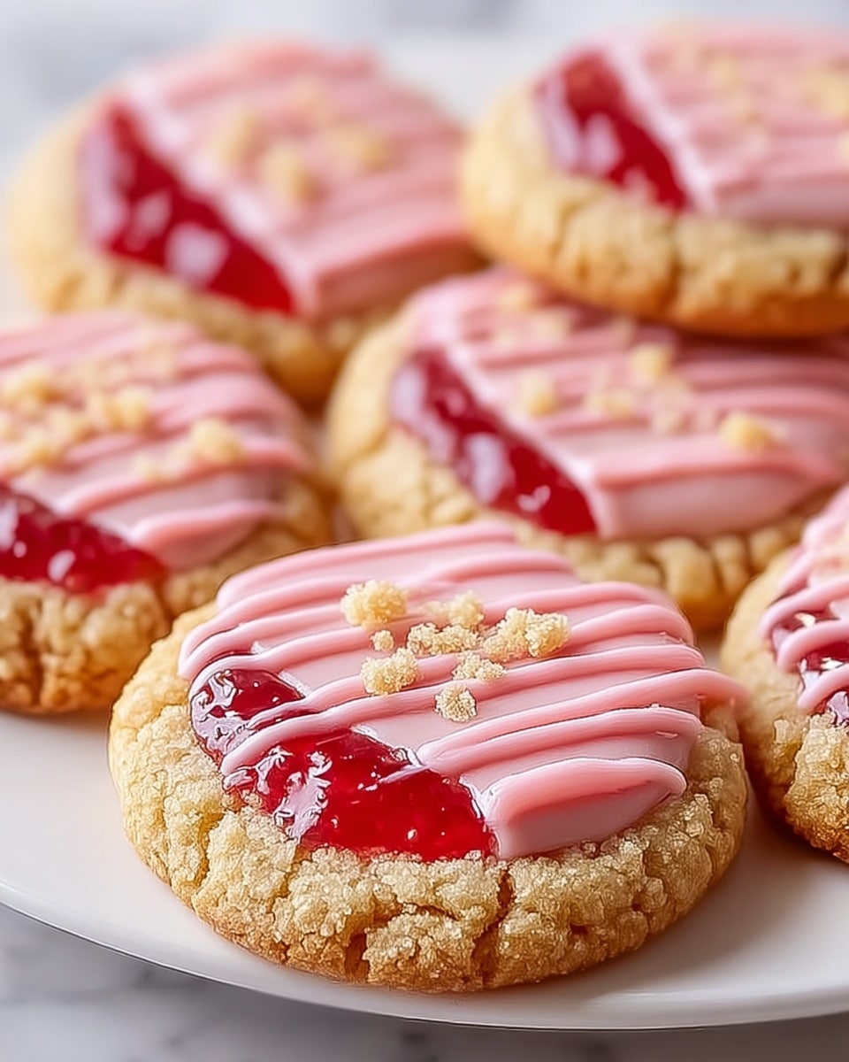 The image shows several round cookies arranged on a white plate, each cookie has three layers: a crumbly light golden base, a shiny red jam center, and a glossy pink icing drizzled in stripes across the top, with some crumbly bits scattered on the jam. The cookies are closely packed, showing a soft texture with visible crumbly edges and a smooth, bright finish from the jam and icing. Photo taken with an iphone --ar 4:5 --v 7