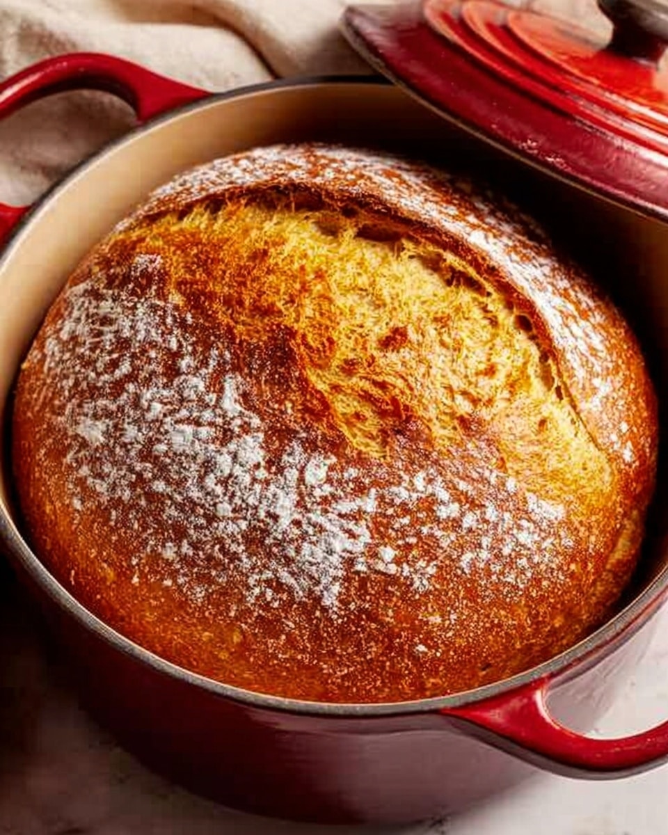 A round loaf of bread with a golden brown crust sits inside a white pot with a red lid slightly off to the side. The bread’s surface has a rough texture with a deep, dark brown slash in the center and is lightly dusted with white flour. The bread looks soft and airy inside the slash area, and the pot rests on a white marbled surface. photo taken with an iphone --ar 4:5 --v 7