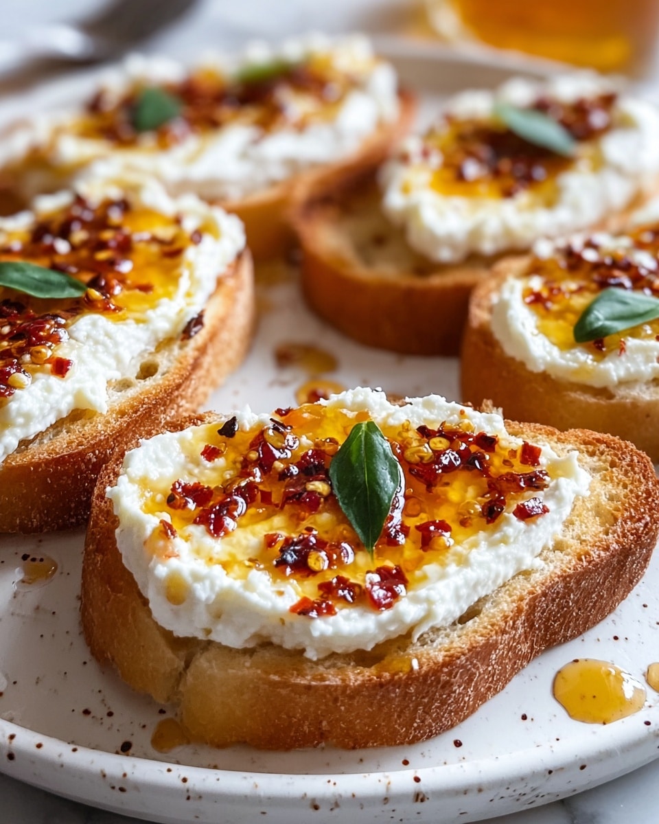 A close-up view of several toasted bread slices with three layers each; the bottom layer is golden brown toasted bread with a slightly crisp crust, the middle layer is a thick, fluffy spread of white ricotta cheese evenly covering the bread, and the top layer is a shiny, amber-colored drizzle of honey mixed with red chili flakes, giving a glossy texture with small seeds visible. Small green basil leaves are placed on top for color contrast. The toasts rest on a white plate with brown speckles, sitting on a white marbled surface, with honey drips around the plate edges. Photo taken with an iphone --ar 4:5 --v 7