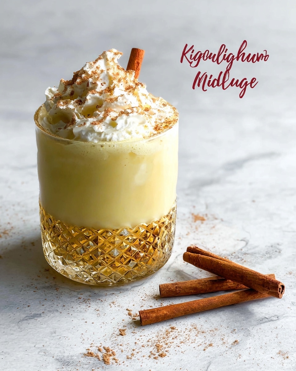 The image shows a glass mug with a hexagonal golden base filled with a creamy light yellow Kahlua eggnog mudslide drink. The glass is topped with a thick, fluffy layer of white whipped cream sprinkled with a dusting of cinnamon or nutmeg on top. A cinnamon stick is placed sticking out at an angle on the right side of the glass. The glass sits on a dark wooden surface next to three cinnamon sticks lying flat. The background is a plain dark gray wall. photo taken with an iphone --ar 4:5 --v 7