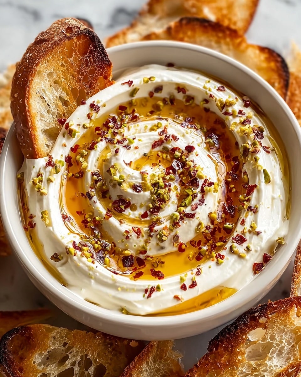 A white bowl filled with three thick layers of creamy white dip swirled in a circular pattern, topped with a generous drizzle of golden oil that pools in the grooves of the dip. Scattered over the surface are small pieces of crushed red chili flakes and greenish crushed nuts, creating a colorful and textured look. A toasted slice of bread with a dark brown crust is dipped into the side of the bowl. The bowl sits on a white marbled surface with some pieces of toasted bread around it. Photo taken with an iphone --ar 4:5 --v 7