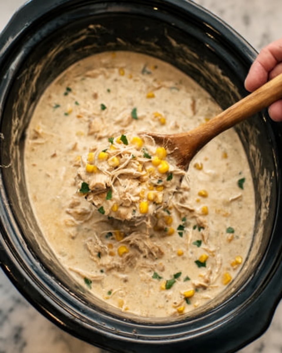The image shows a slow cooker filled with a creamy chicken soup. The soup has a thick, beige broth with visible shredded chicken, whole beans, corn kernels, and chopped green herbs scattered throughout. A wooden spoon is dipped into the middle of the soup, lifting a portion of the chunky mixture that highlights the textures of the ingredients. The slow cooker is black on a white marbled surface, with the lid edge partly visible at the top. The scene is bright and clear with a focus on the creamy texture and colorful bits in the soup. Photo taken with an iphone --ar 4:5 --v 7